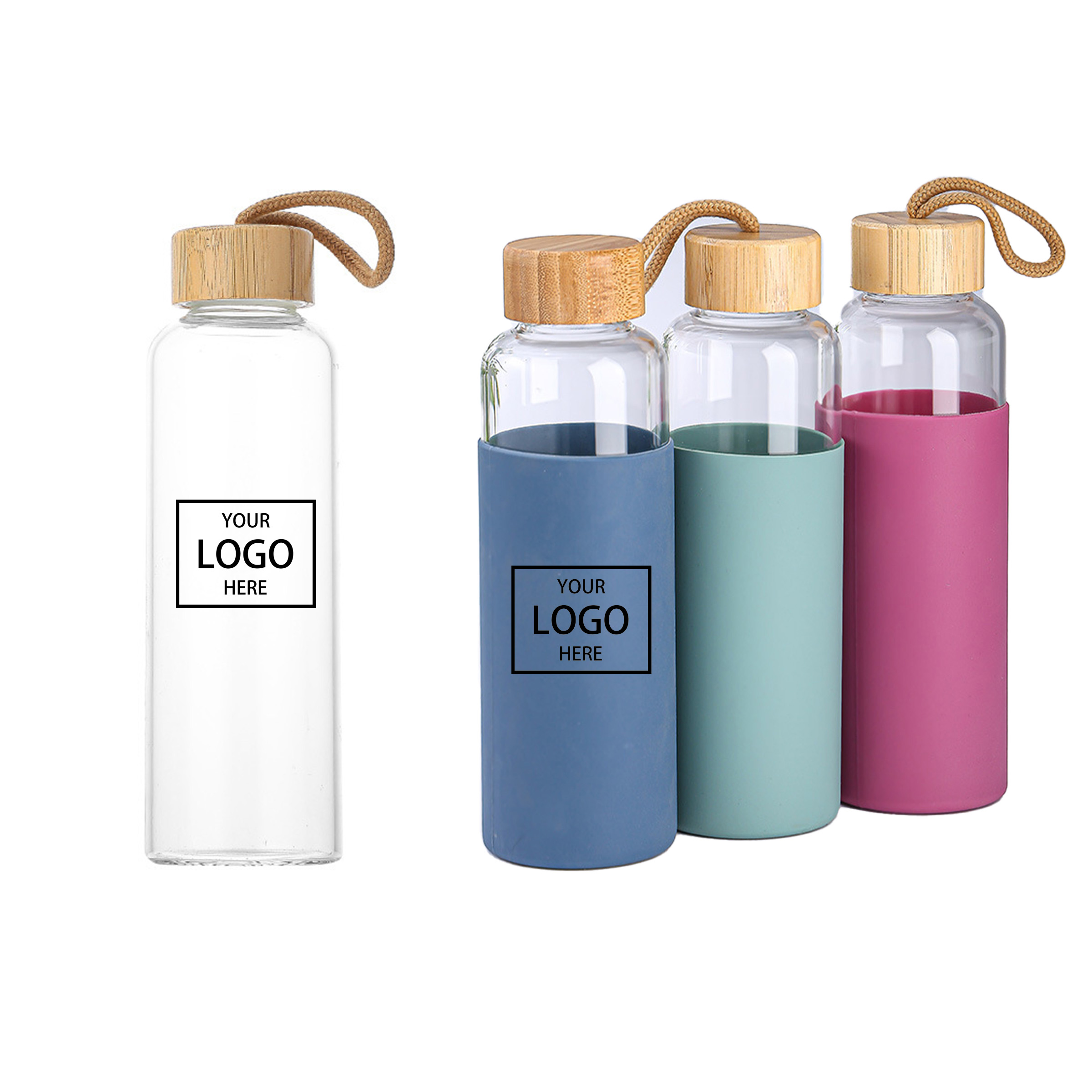 17 Oz. Glass Bottle w/Bamboo Cover Lid & Silicone Sleeve - Black — wholesale custom promotional product