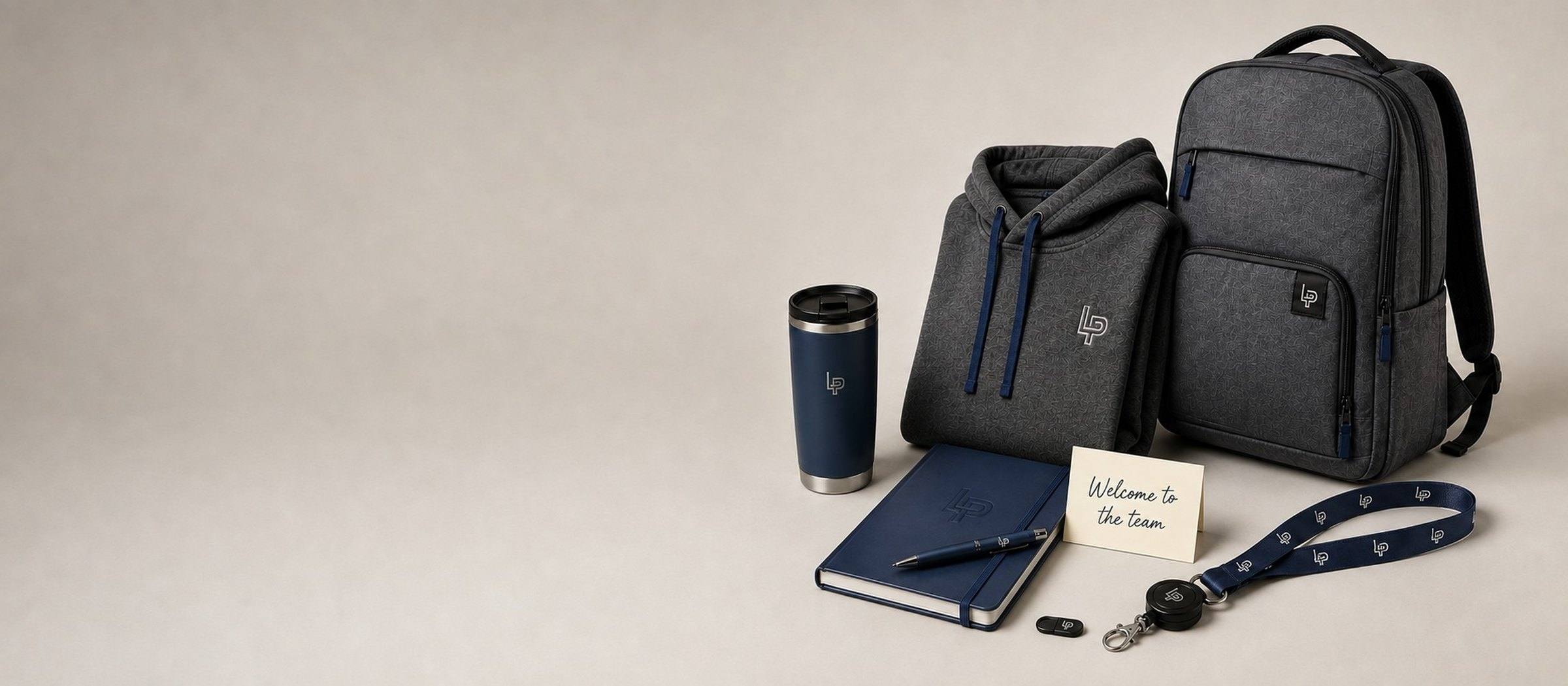 New Hire Welcome Kit: Tumbler · Backpack · Hoodie · Notebook · Lanyard · Webcam cover
