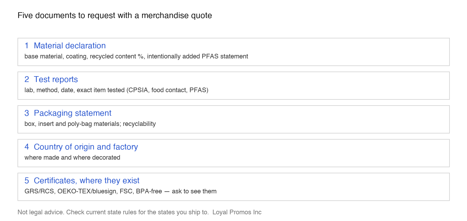 Checklist graphic of five documents to request with a merchandise quote: material declaration, test reports, packaging statement, country of origin, certificates