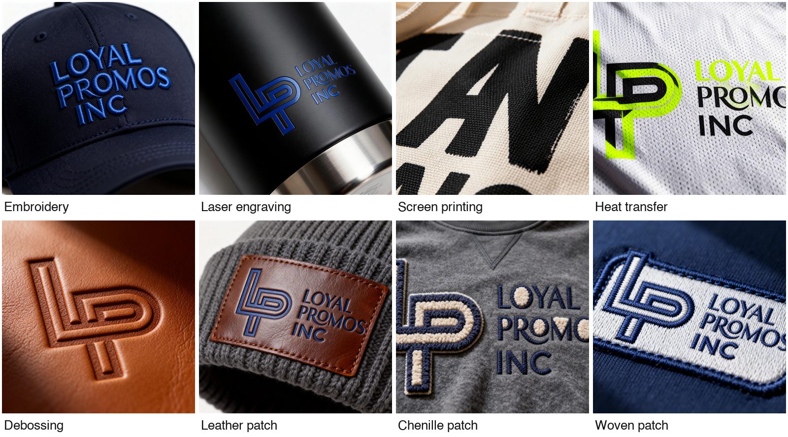 Eight decoration methods on real materials: embroidery, laser engraving, screen printing, heat transfer, debossing, leather patch, chenille patch, woven patch