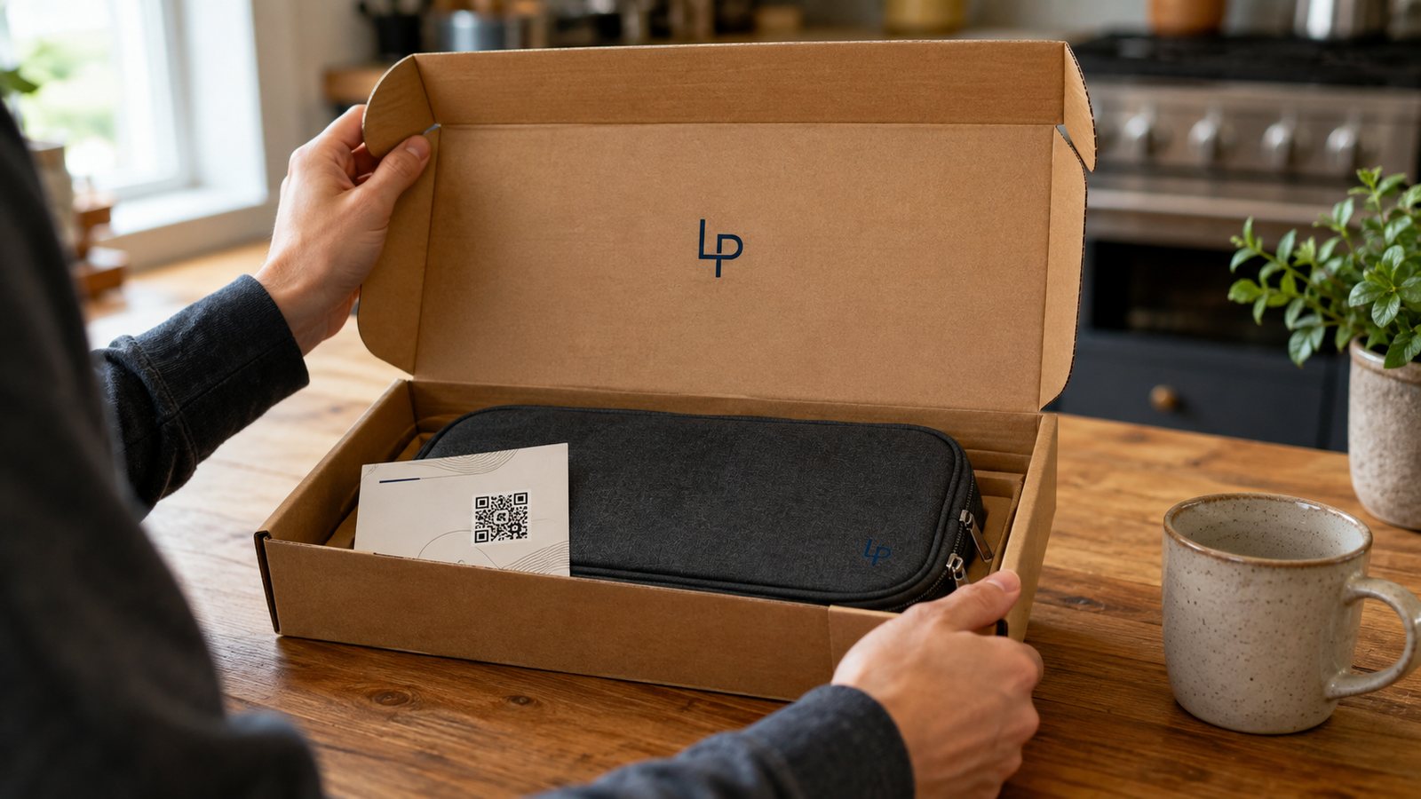 Hands opening a branded mailer at a kitchen table, revealing a tech organizer pouch and a card with a QR square