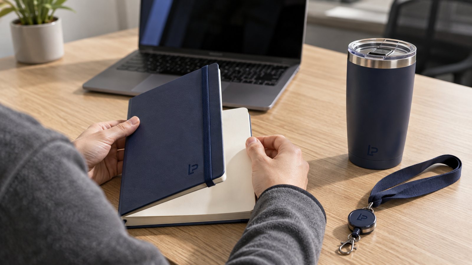 A new employee's desk on day one with the kit's tumbler, notebook and lanyard beside a laptop