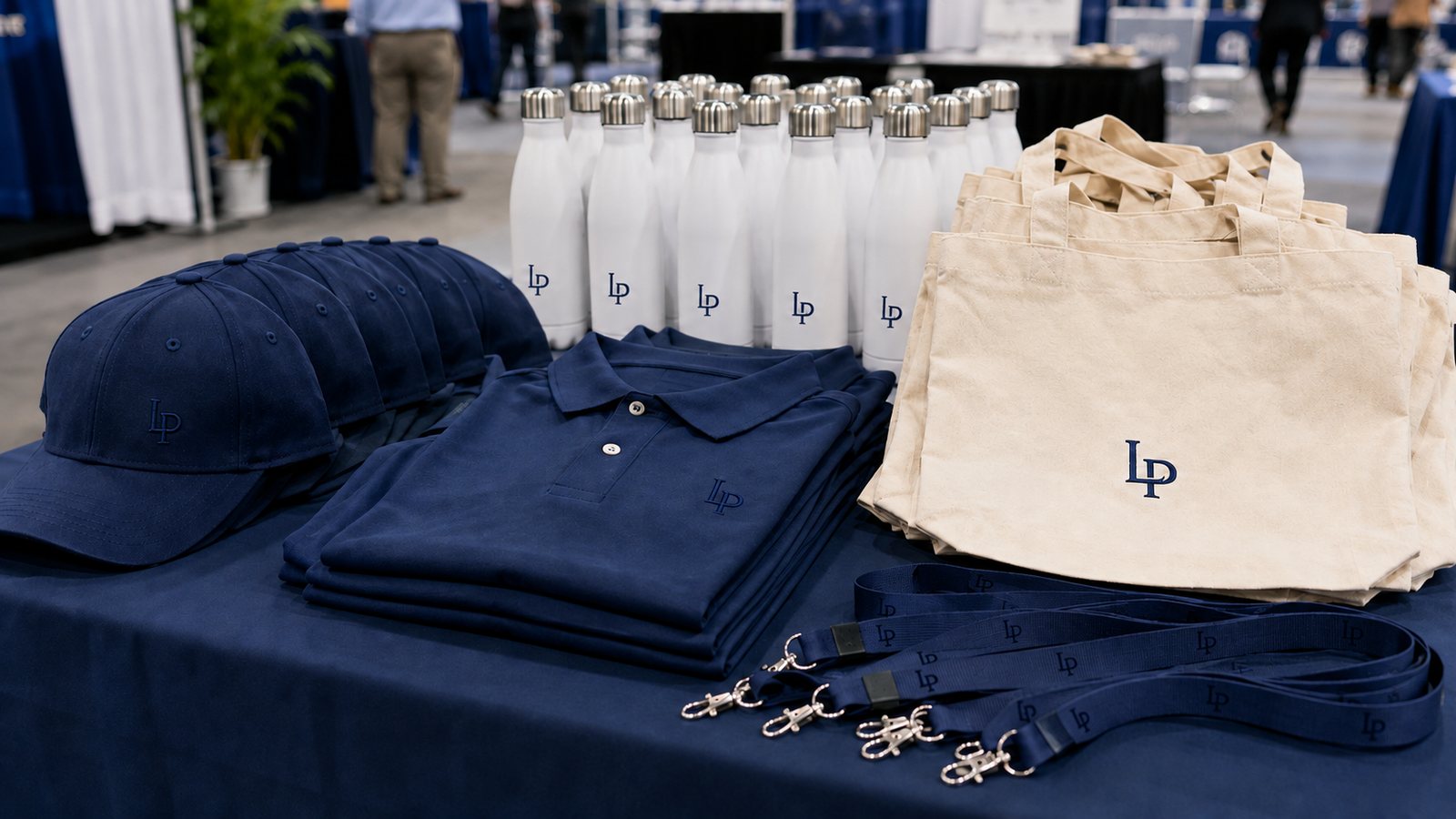 Matched event set on a trade-show table: navy caps and polos, natural canvas totes, white bottles and navy lanyards