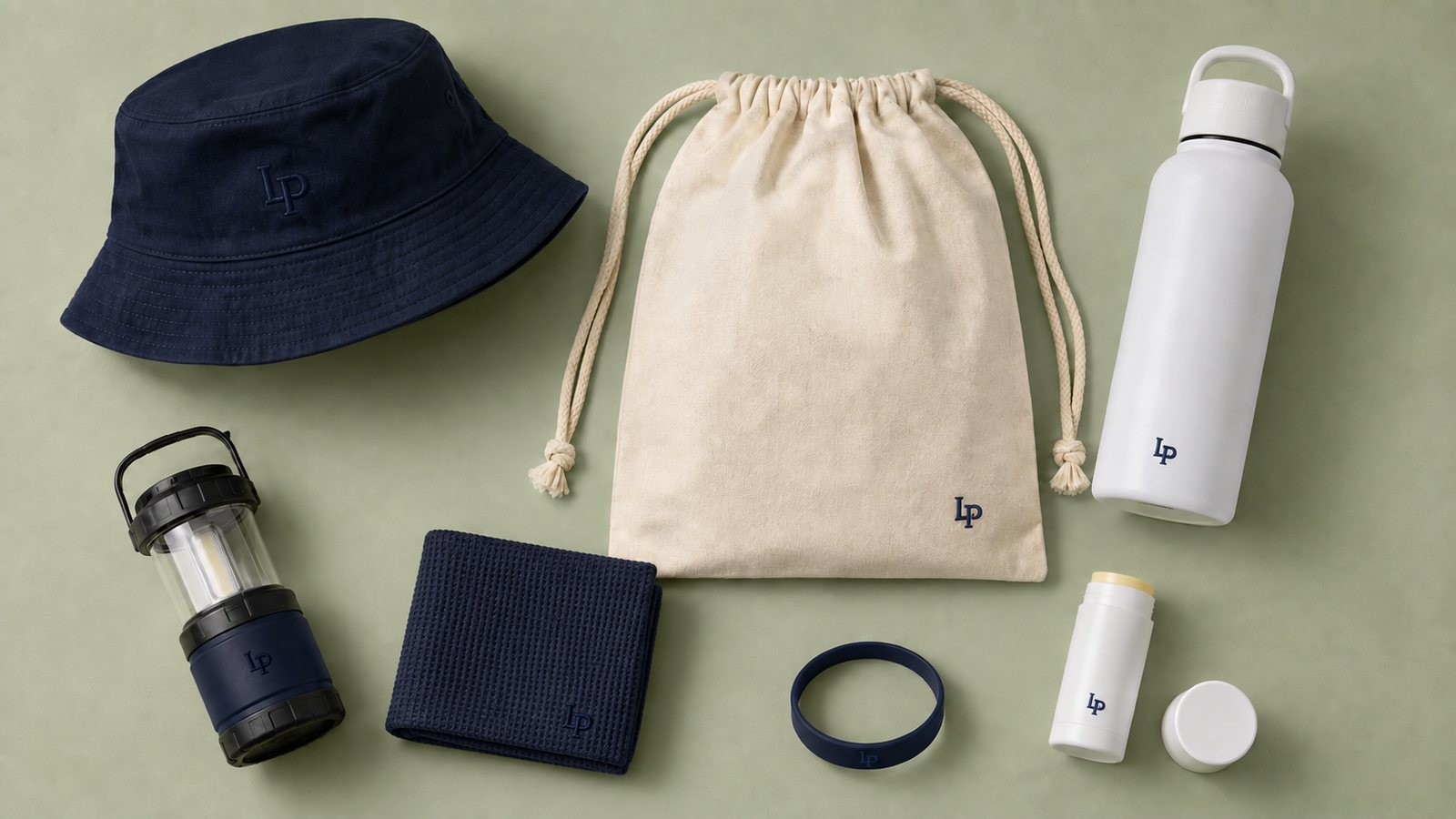 Summer camp kit flat-lay: navy bucket hat, canvas drawstring bag, white water bottle, lantern, cooling towel, wristband and sunscreen stick