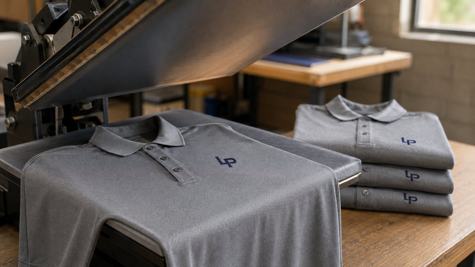 Heat press open with a gray polo showing a freshly applied logo transfer, finished polos stacked beside it