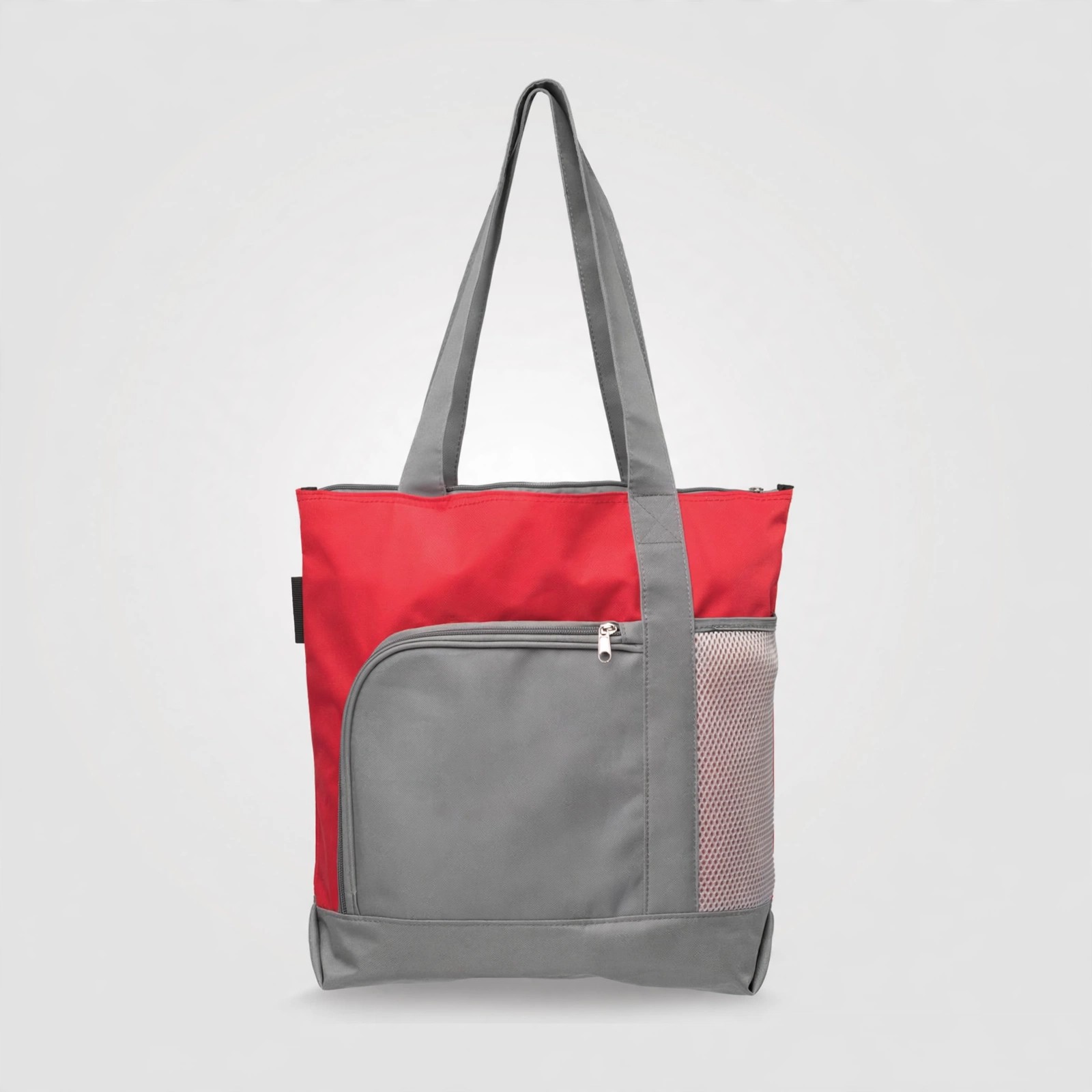 600D Polyester Zippered Tote Bag With Mesh Side Pocket