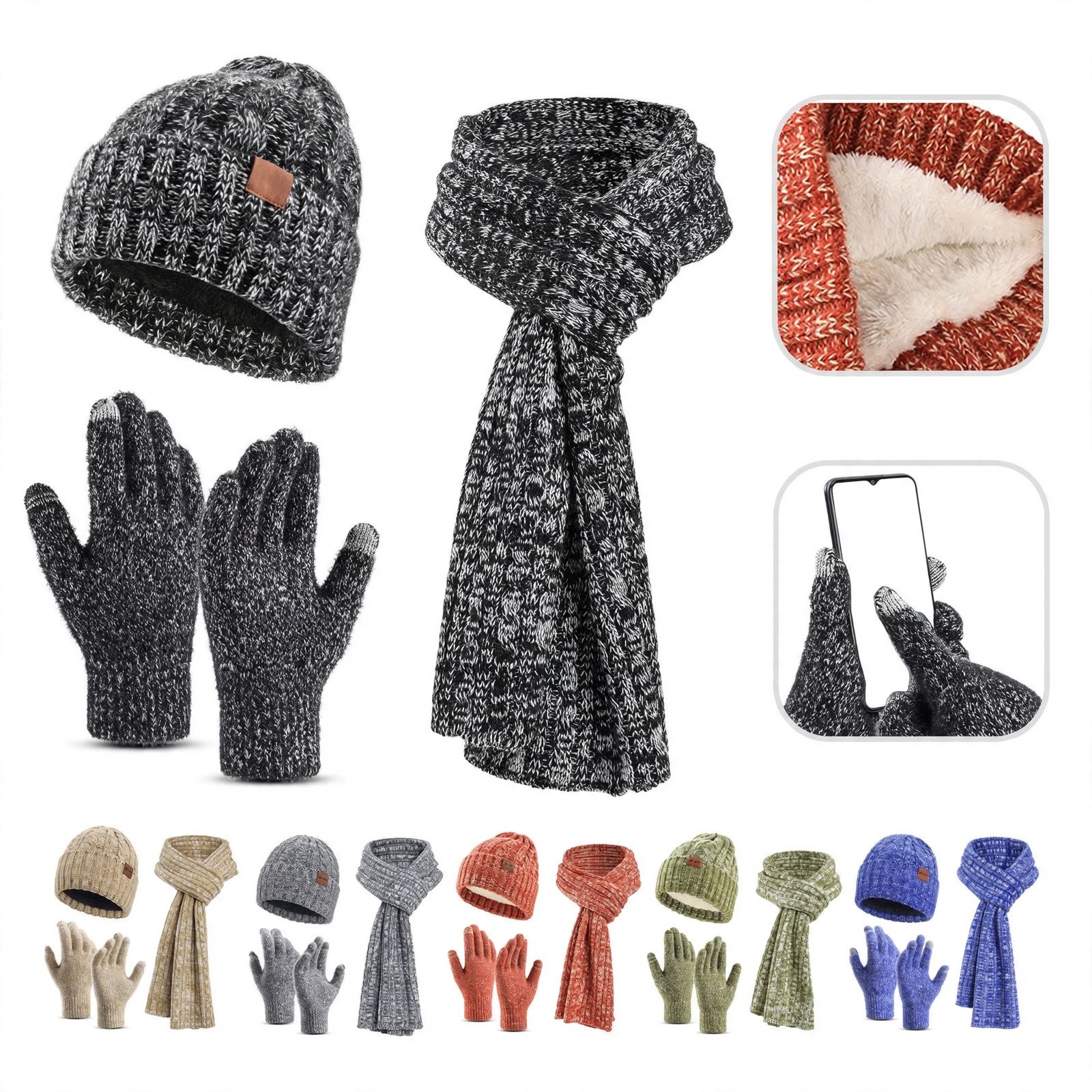 Fleece-Lined Knit Hat, Scarf and Touchscreen Glove Set