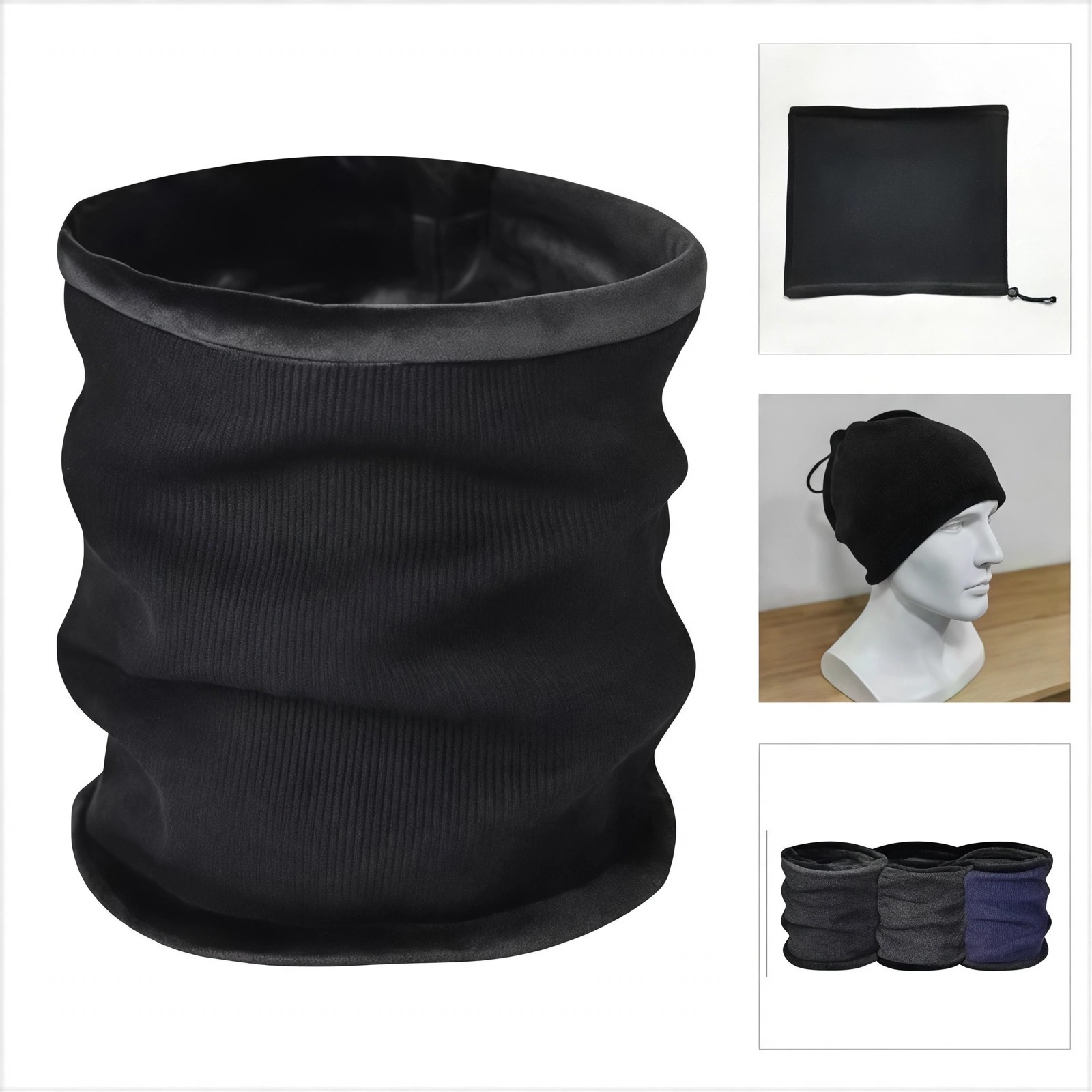 Drawstring Knit Beanie and Neck Warmer