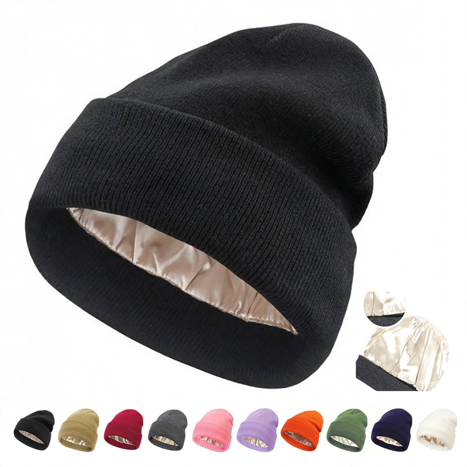 Satin-Lined Cotton Blend Knit Beanie