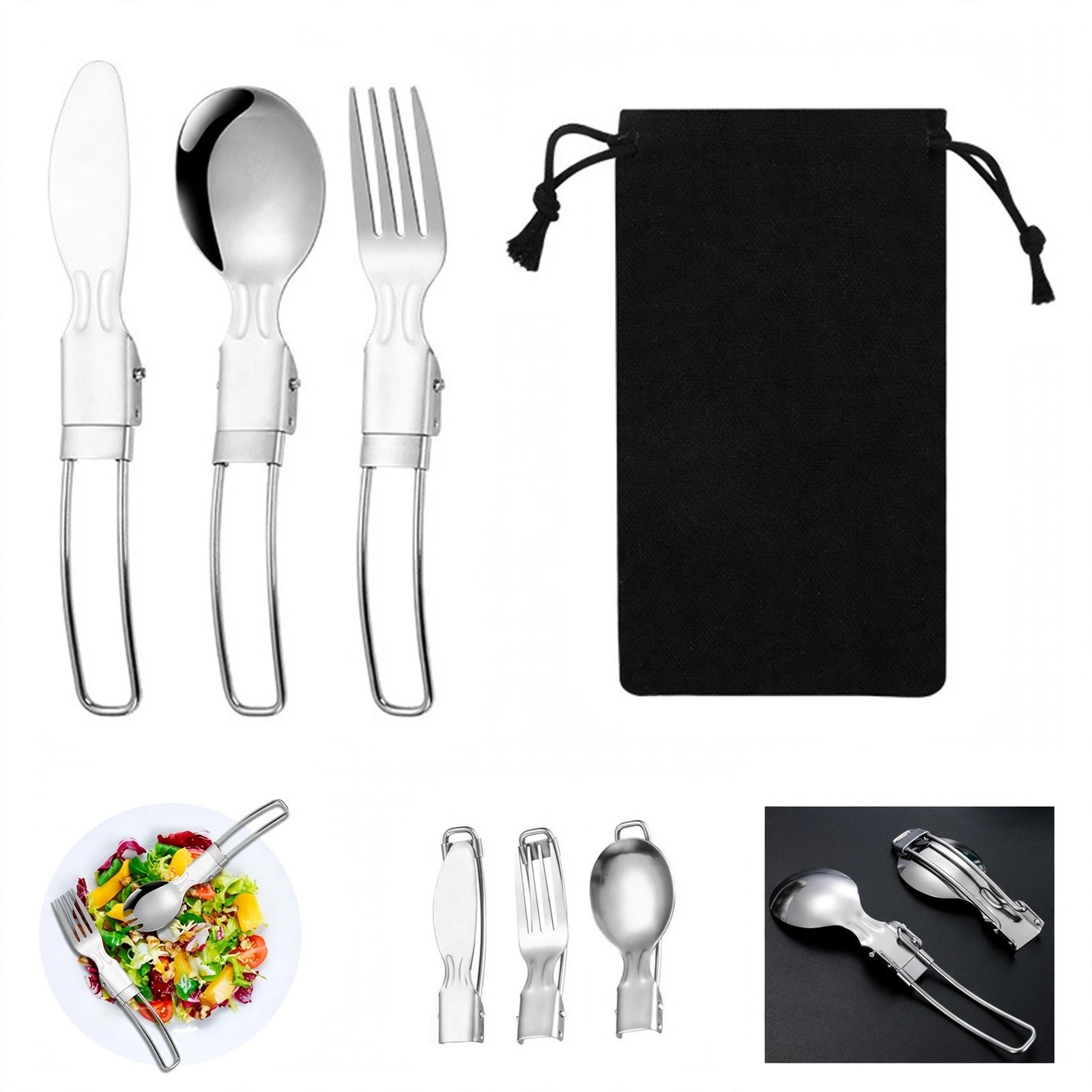 3-Piece Folding Stainless Steel Cutlery Set With Pouch
