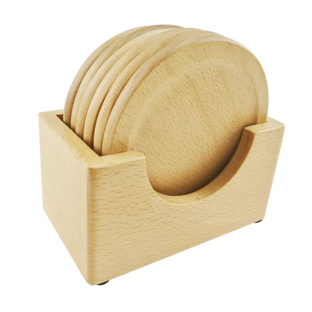 6-Piece Beech Wood Coaster Set With Holder
