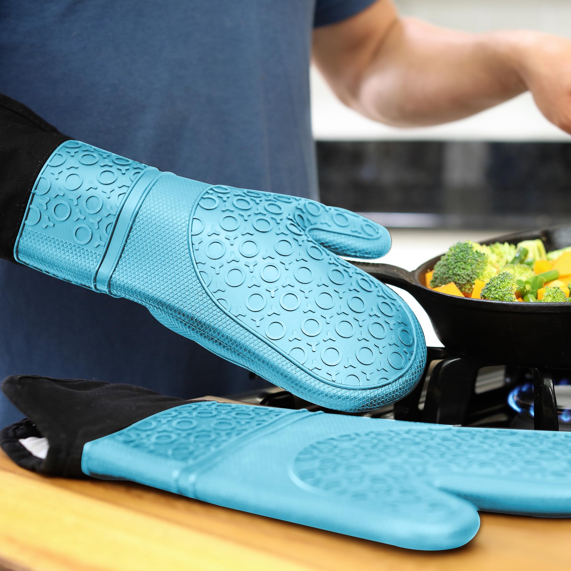 Extra-Long Silicone Oven Mitt Set With Terry Lining