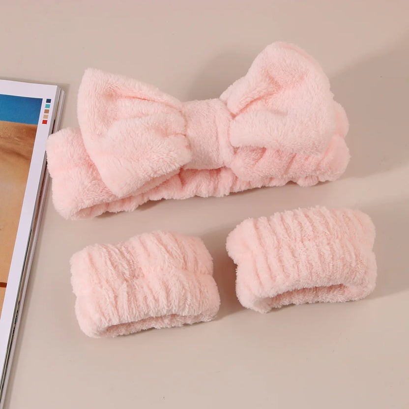 3-Piece Coral Fleece Spa Headband and Wristband Set