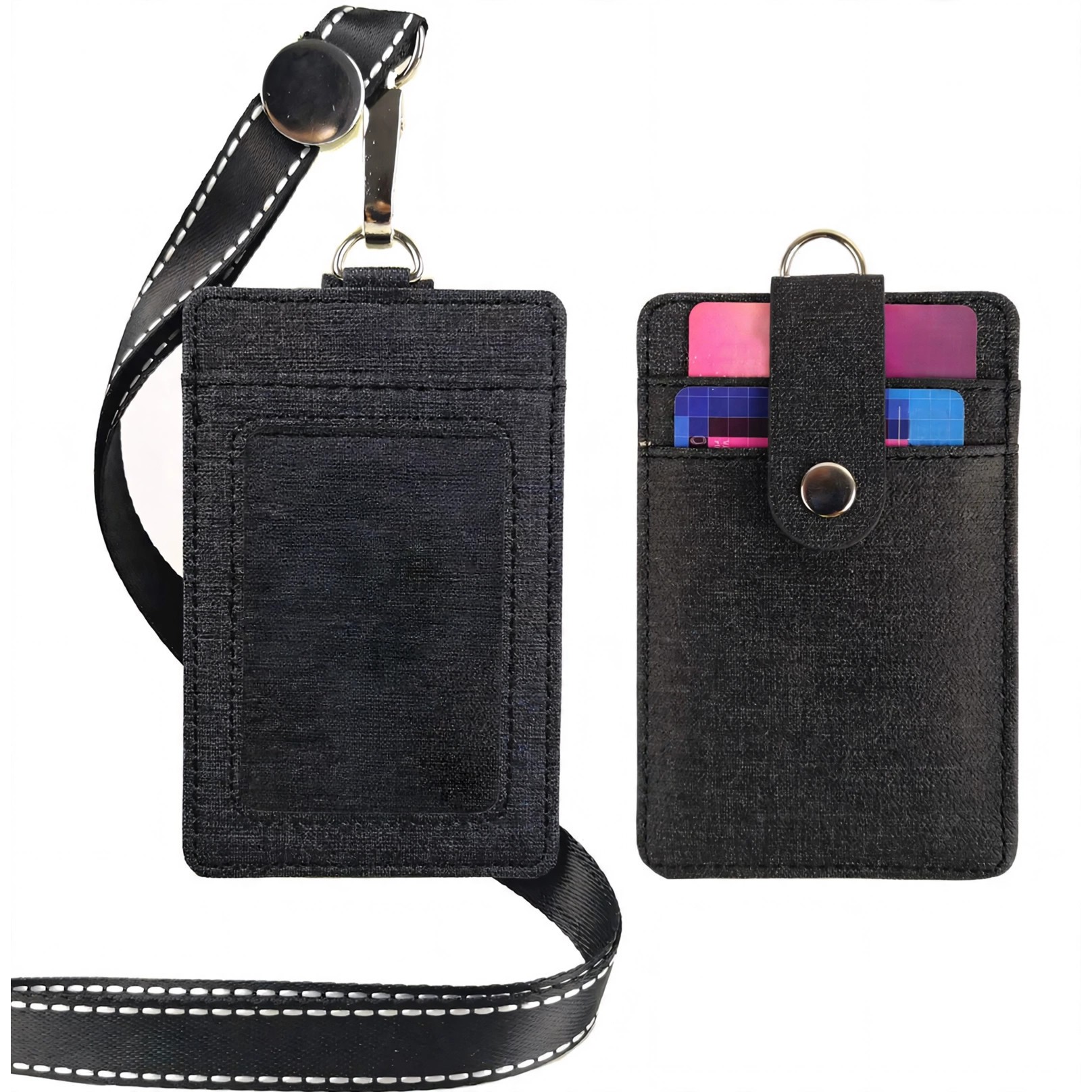 PU Leather Card Holder With Retractable Snap Lanyard