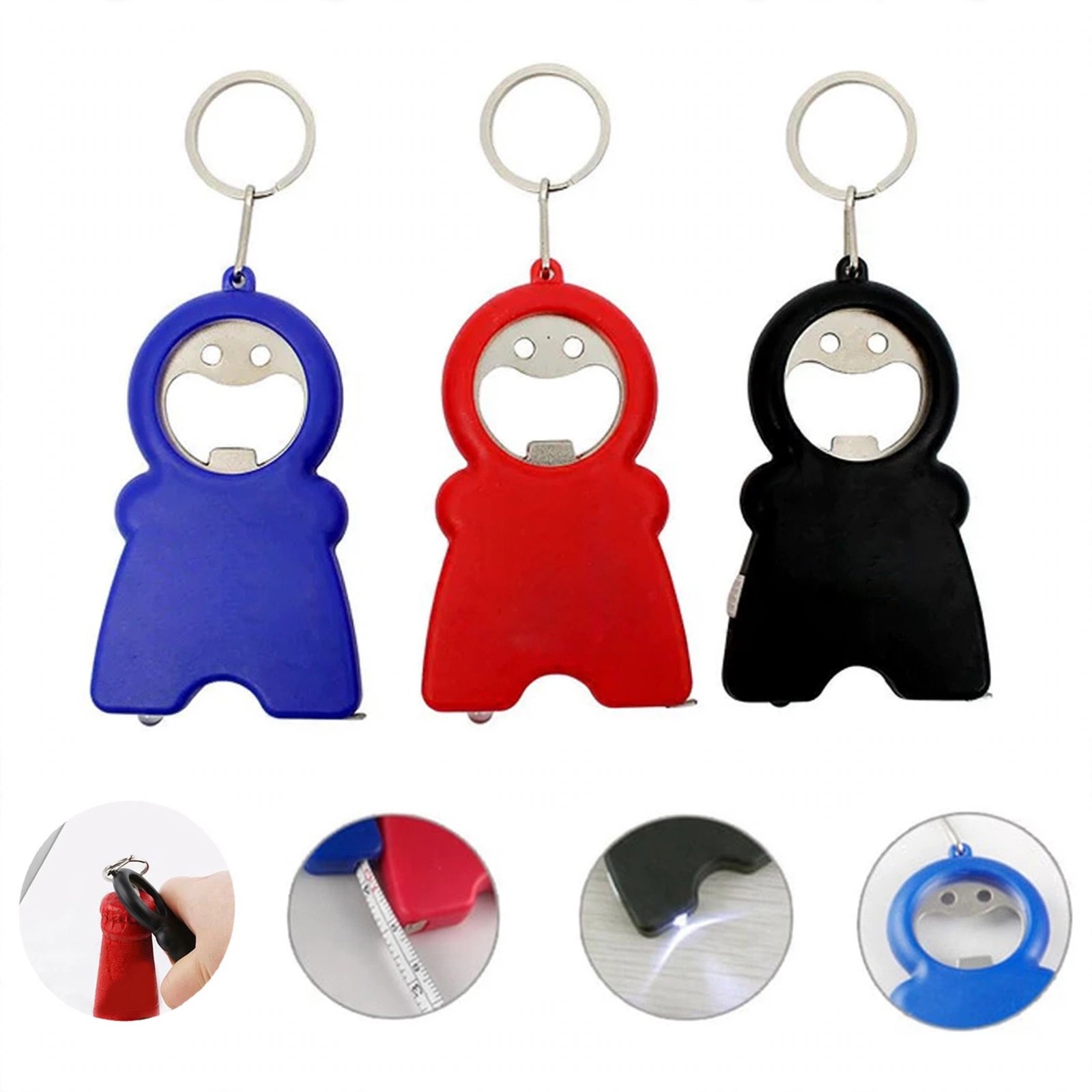 3-in-1 Tape Measure, Bottle Opener and LED Keychain
