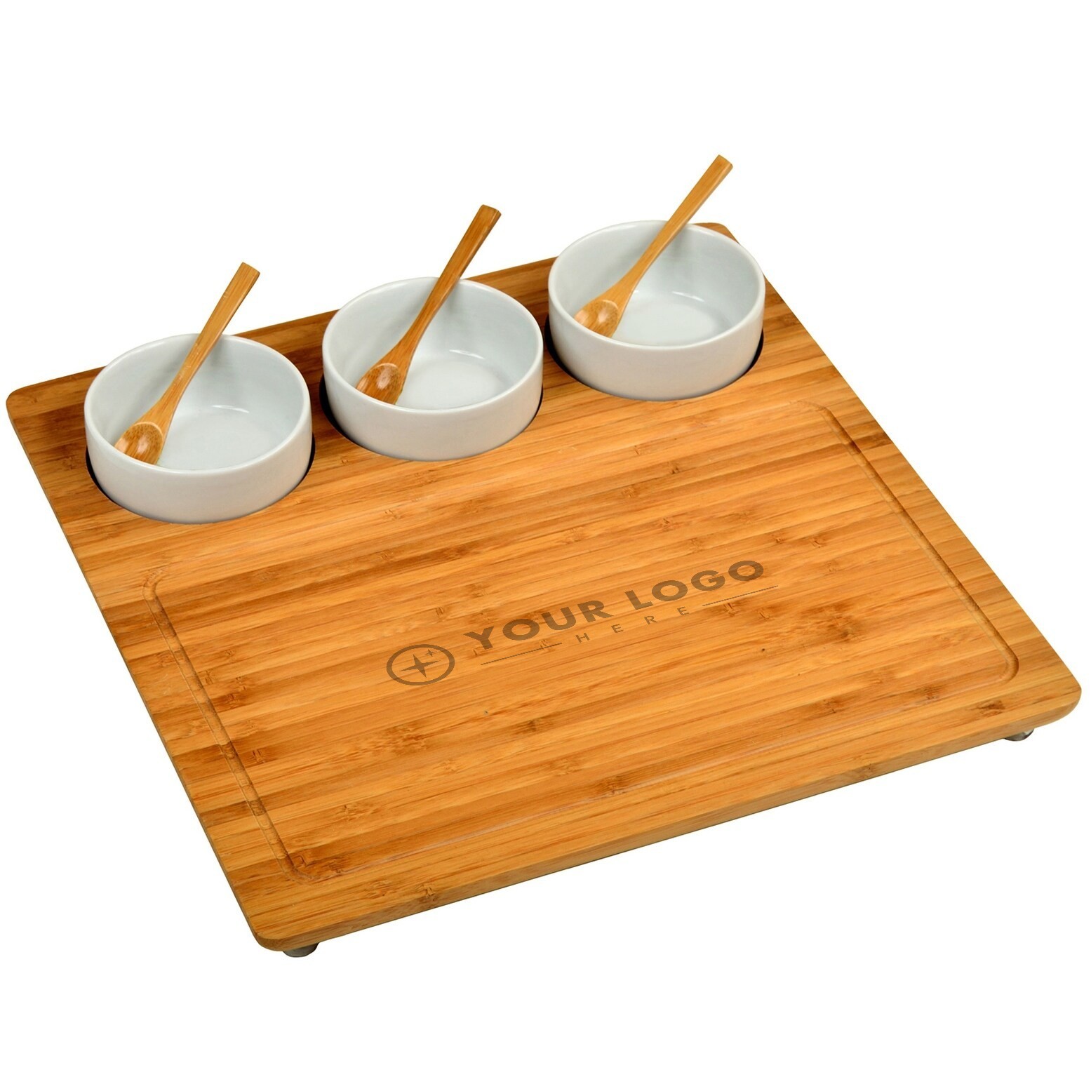 Bamboo Serving Tray With 3 Ceramic Bowls