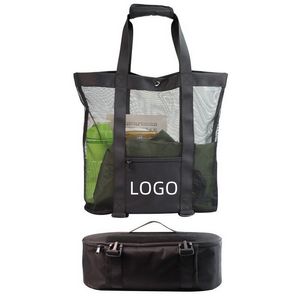 Large Mesh Beach Tote Bag w/Cooler Bottom - Black