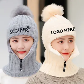 Lady Knitted Zipper Conjoined Cap