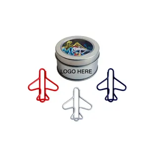 Airplane Shaped Paper Clips w/Round Tin