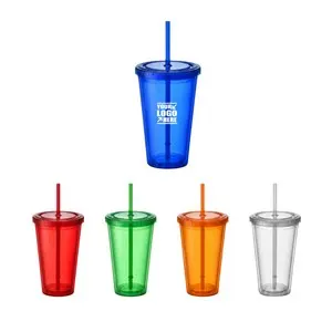 16 Oz. Double Wall Translucent Plastic Tumbler With Straw