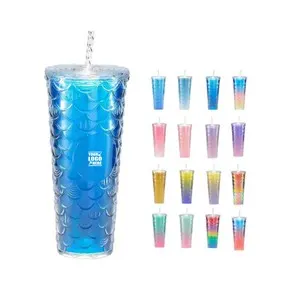 24 Oz. Fish Scale Pattern Double Wall Gradient Plastic Tumbler With Straw
