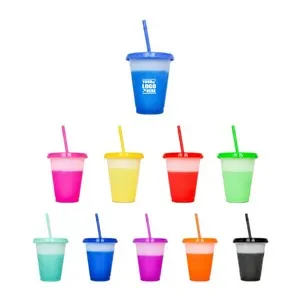 16 Oz Plastic Color Shift Cup With Straw