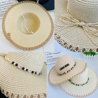 Shell-Trimmed Wide Brim Straw Hat