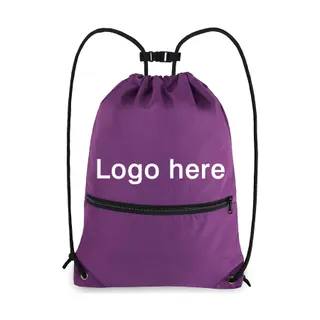 Drawstring Backpack w/Zipper Pocket - Purple