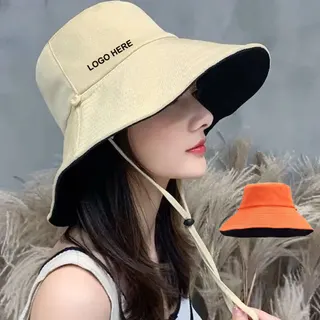 Cotton Bucket Hat w/Chin Strap - Beige/Black