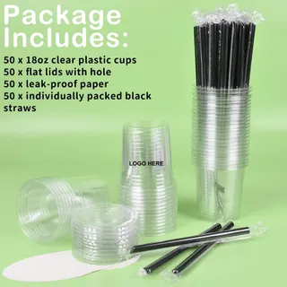 18 Oz. Plastic Cups w/Lids, Straws, & Leakproof Paper - Clear/Black