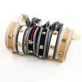 Embroidered Bracelets w/Rivets - Beige/Silver