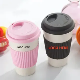 Bamboo Fiber Coffee Cup w/Silicone Sleeve - Pink/White