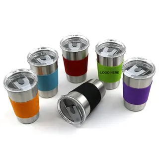 Stainless Steel Coffee Cup - Silicone Grip - Silver/Orange/Clear