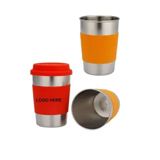 Metal Coffee Cup w/Silicone Lid & Sleeve - Silver/Orange