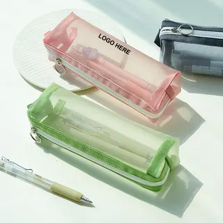 Nylon Mesh Zippered Pencil Case - Pink/Clear