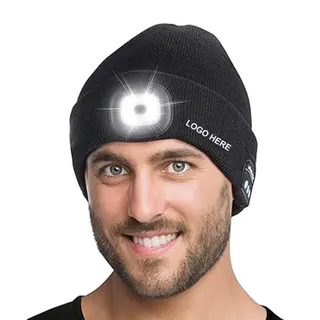 Wireless Musical Knitted Beanie w/Headlight - Black